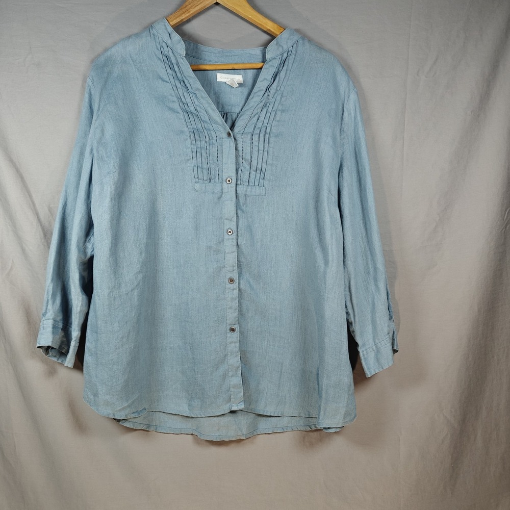 Charter Club Women's Blue Linen Pintuck Button Roll Tab Sleeves Top Size XL